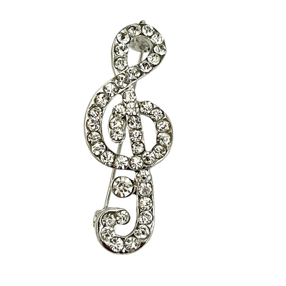 Crystal Music Clef Note Brooch Pin Musician Singer Teacher Gift Silver Plated